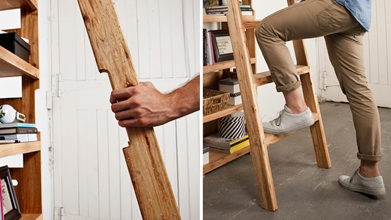 Illustration for article titled A Secret Pop-Out Ladder Ensures Nothing Is Ever Out of Reach On This Extra-Tall Shelf